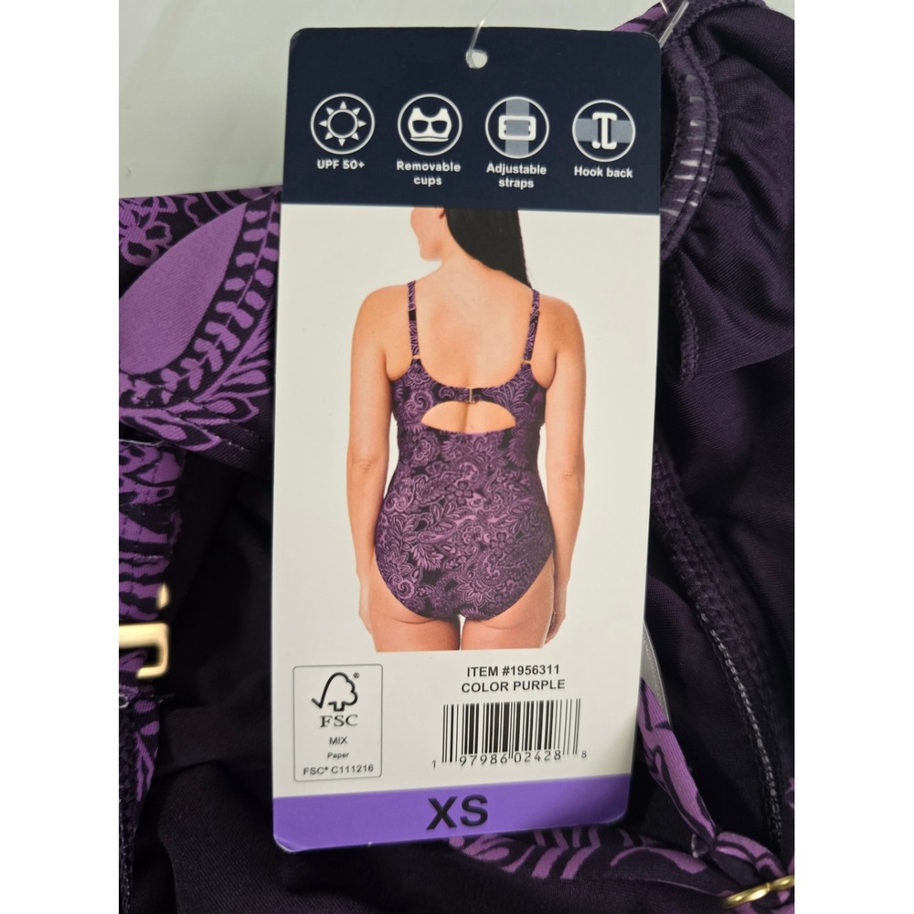 LandsEnd Purple Paisley One Piece Swimsuit UPF50 Ruched Hook Back XS 1956311 NWT - Picture 16 of 16